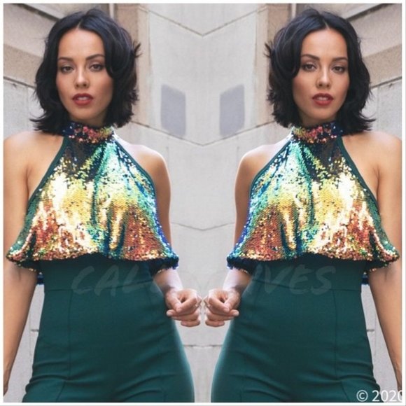 Callie Lives Pants - Callie Celebration: Iridescent Orange Sequin Cropped Halter Green Jumpsuit S M